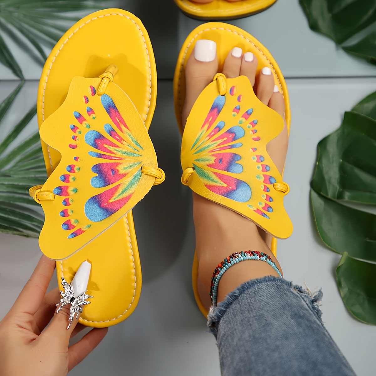 womens butterfly design thong sandals slip on soft sole lightweight flat slides summer non slip beach slides details 4