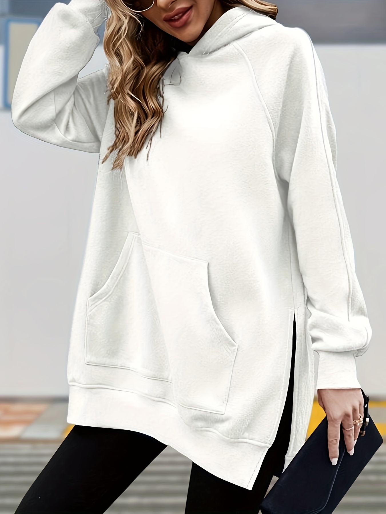 solid split oversized hoodie casual long sleeve kangaroo pocket sweatshirt womens clothing details 3