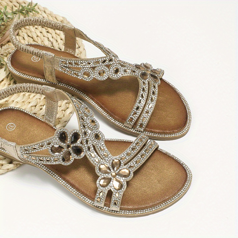 floral rhinestone flat sandals, womens floral rhinestone flat sandals boho style open toe elastic strap shoes casual beach sandals details 10