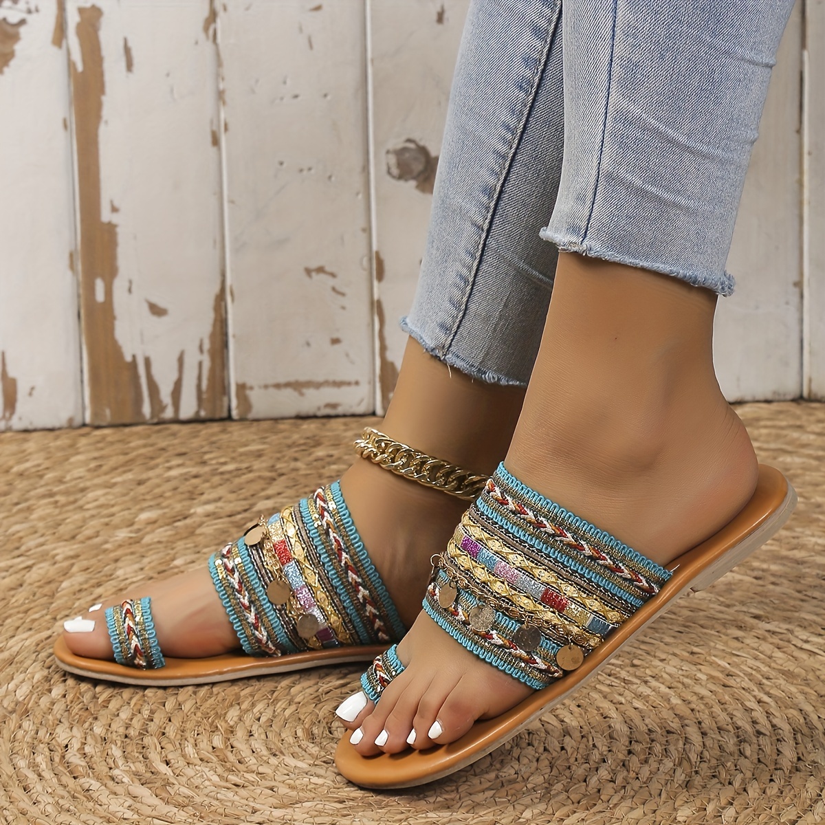 boho style flat slides, womens boho style flat slides tribal style toe loop non slip shoes casual outdoor slides details 2