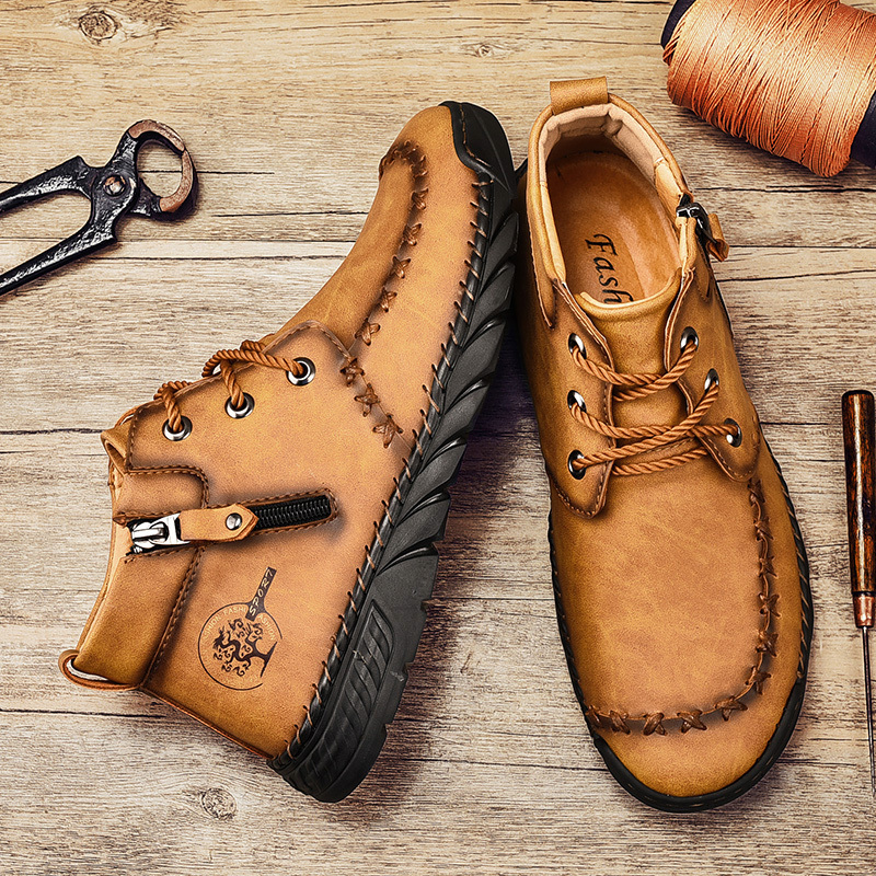 mens side zippper shoes lace up ankle boots casual hiking shoes details 0