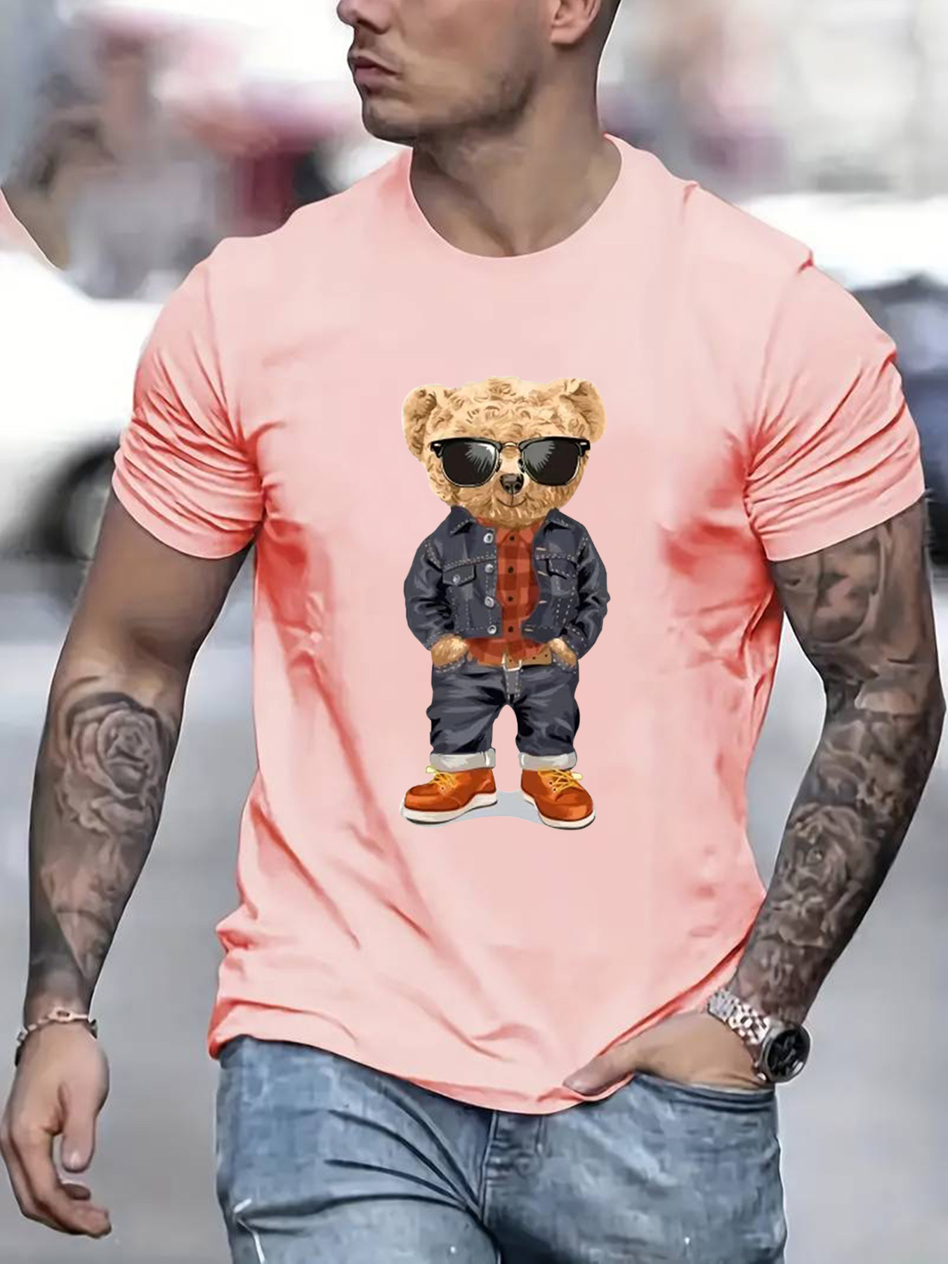 denim toy bear pattern mens t shirt for summer outdoor casual male clothing details 0