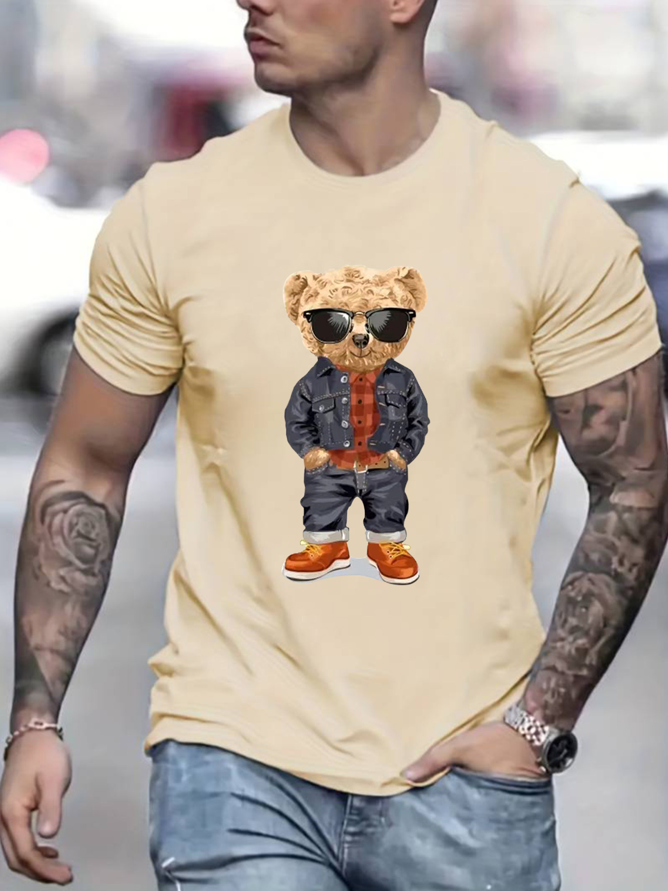 denim toy bear pattern mens t shirt for summer outdoor casual male clothing details 25