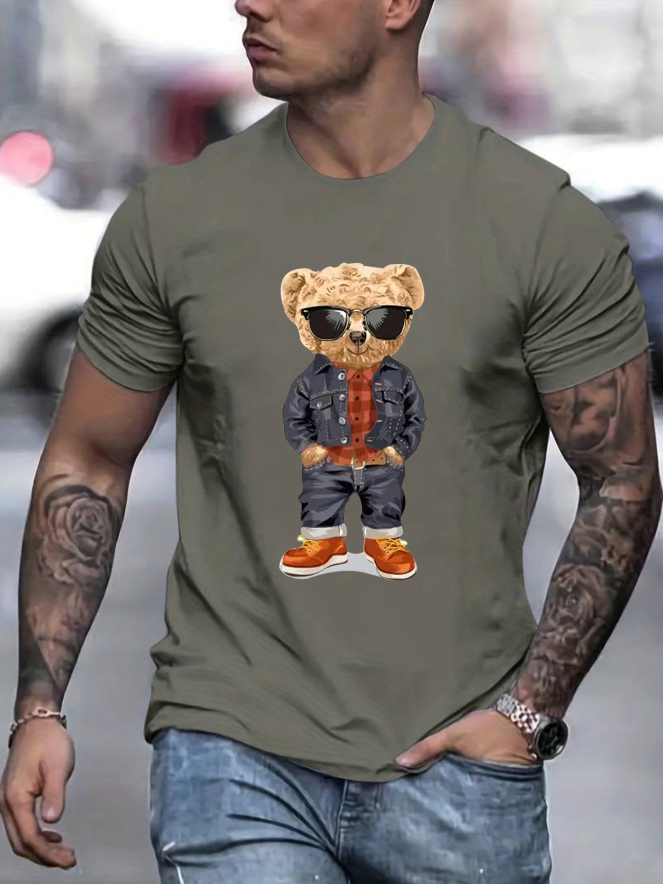 denim toy bear pattern mens t shirt for summer outdoor casual male clothing details 35