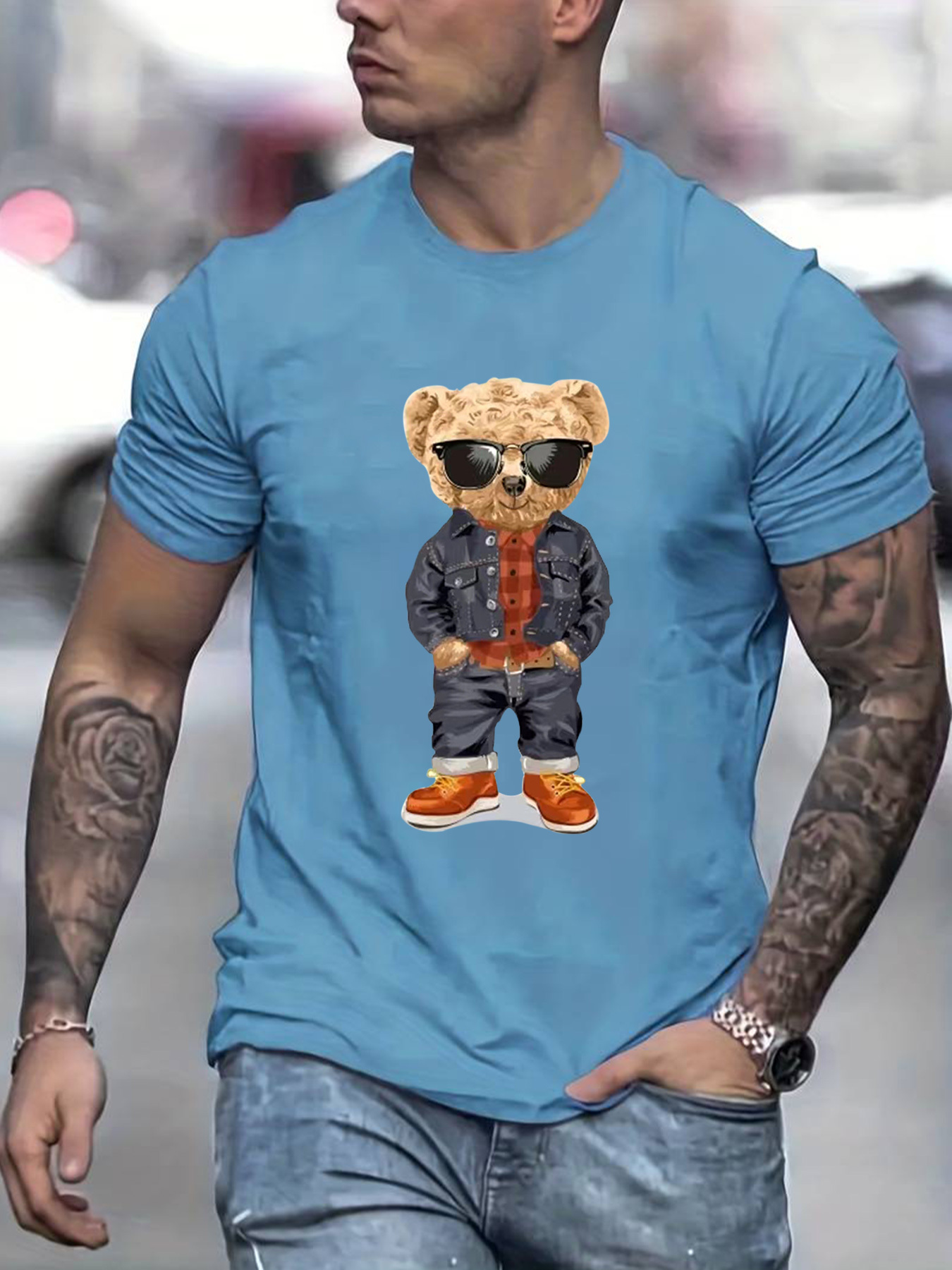 denim toy bear pattern mens t shirt for summer outdoor casual male clothing details 15