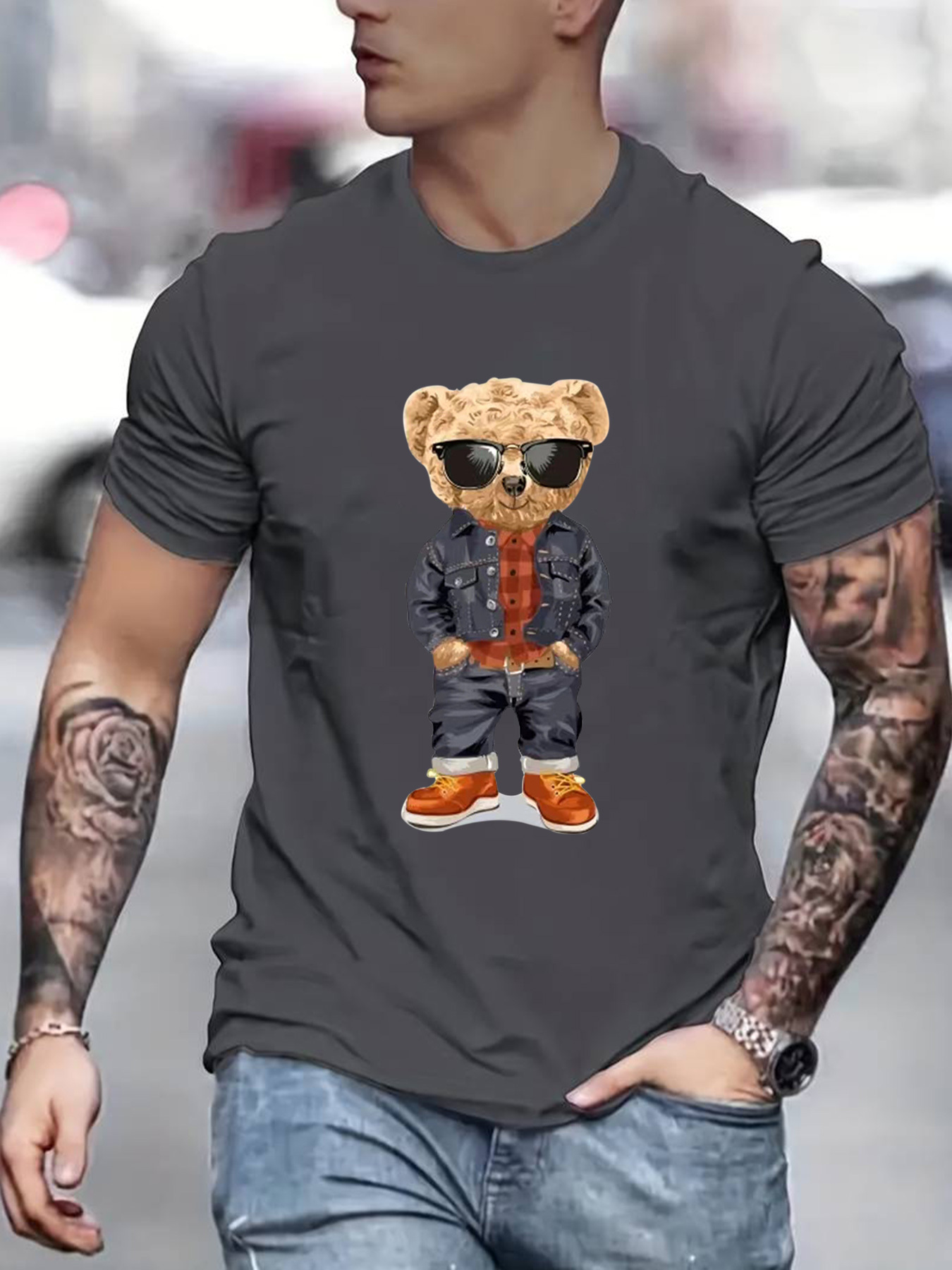 denim toy bear pattern mens t shirt for summer outdoor casual male clothing details 30