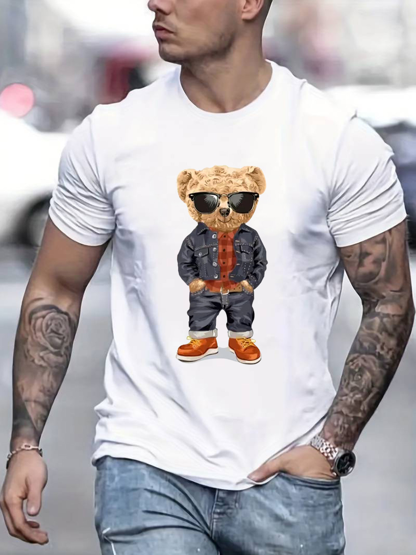 denim toy bear pattern mens t shirt for summer outdoor casual male clothing details 5