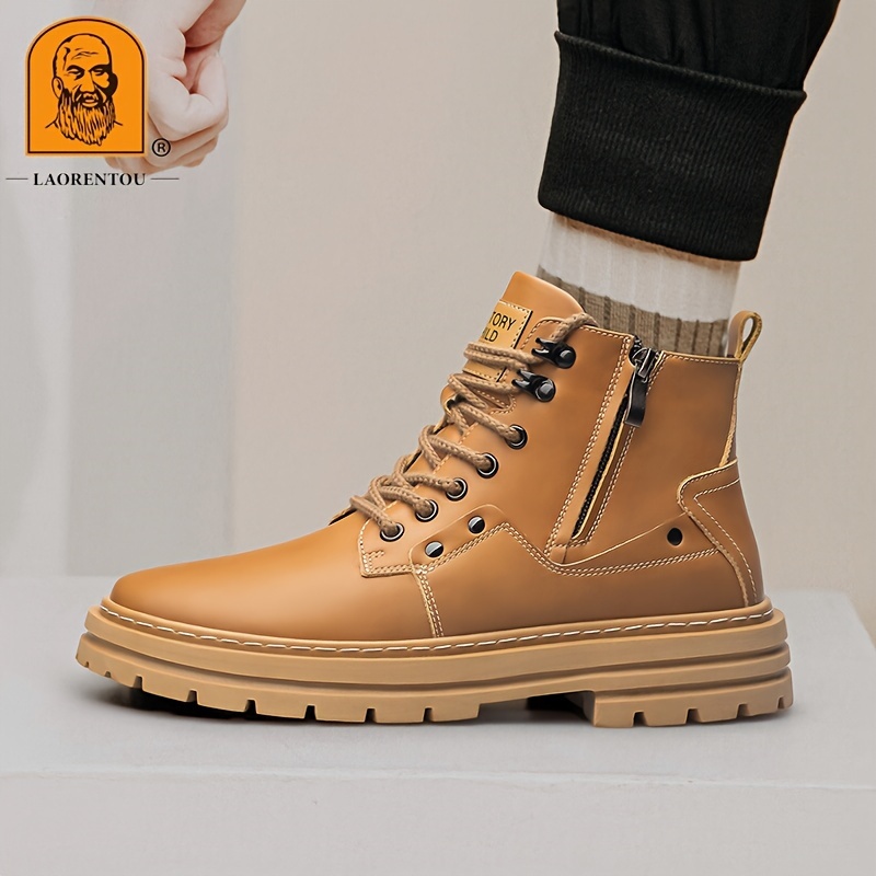 mens trendy outdoor work boots breathable anti skid high top lace up boots with side zipper autumn and winter details 8