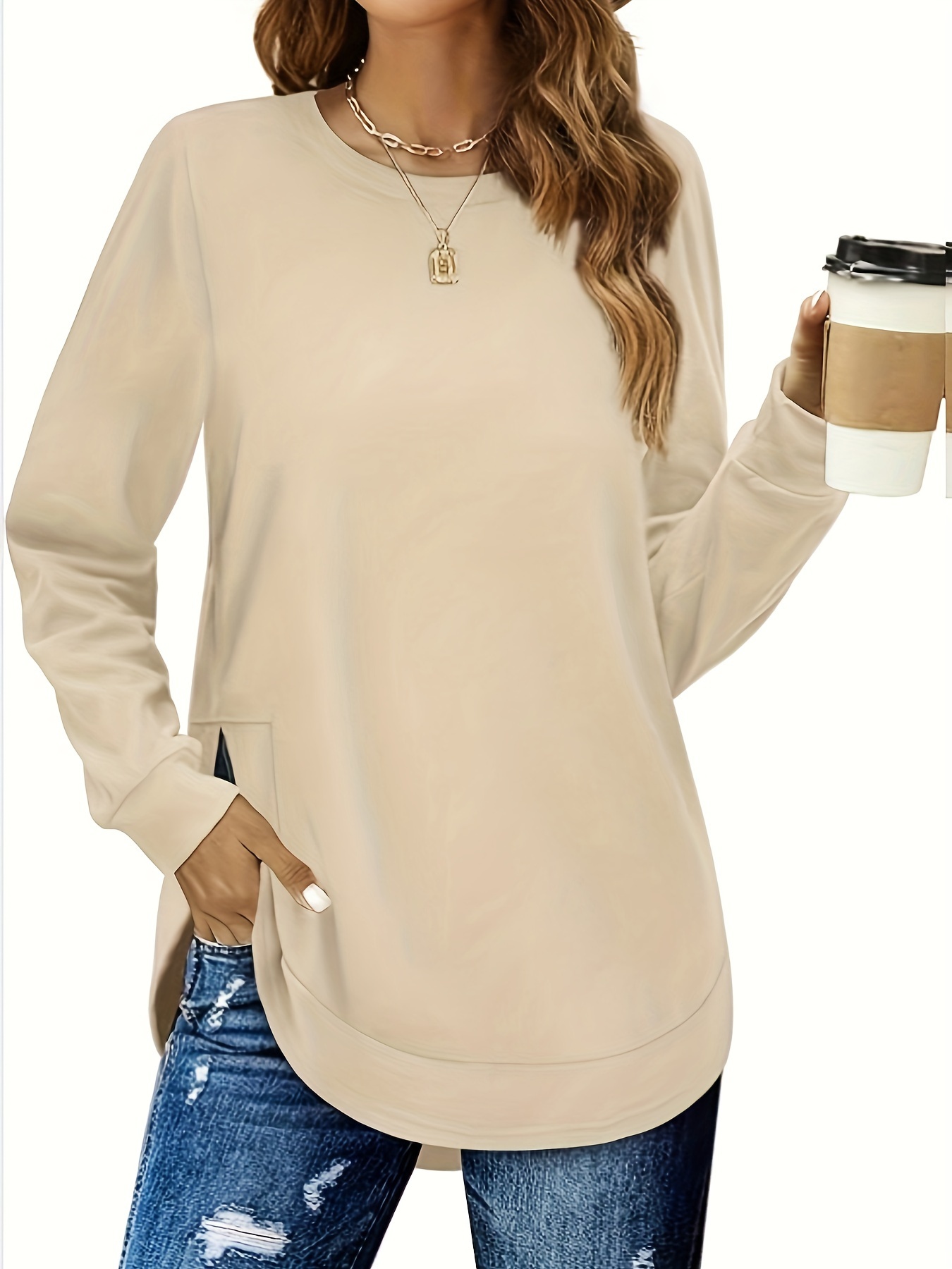 solid split hem pullover sweatshirt casual long sleeve crew neck sweatshirt for fall winter womens clothing details 0