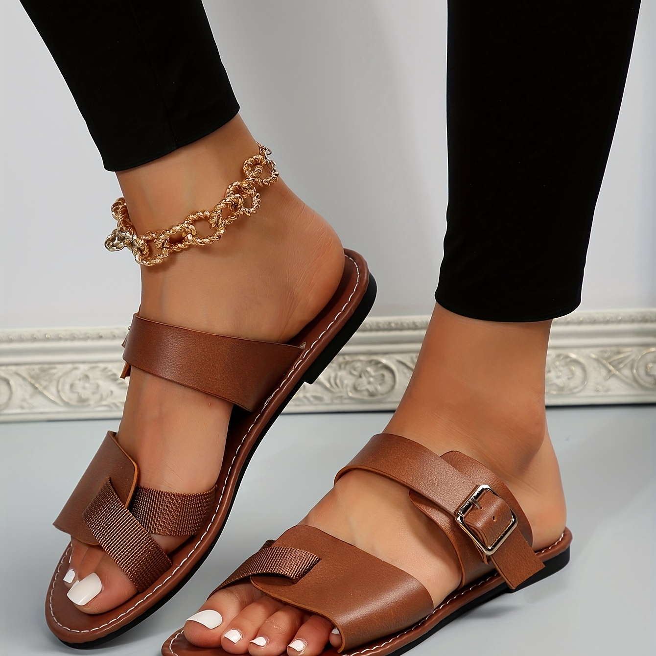 womens flat slide sandals open round toe buckle strap shoes casual summer beach slides details 0