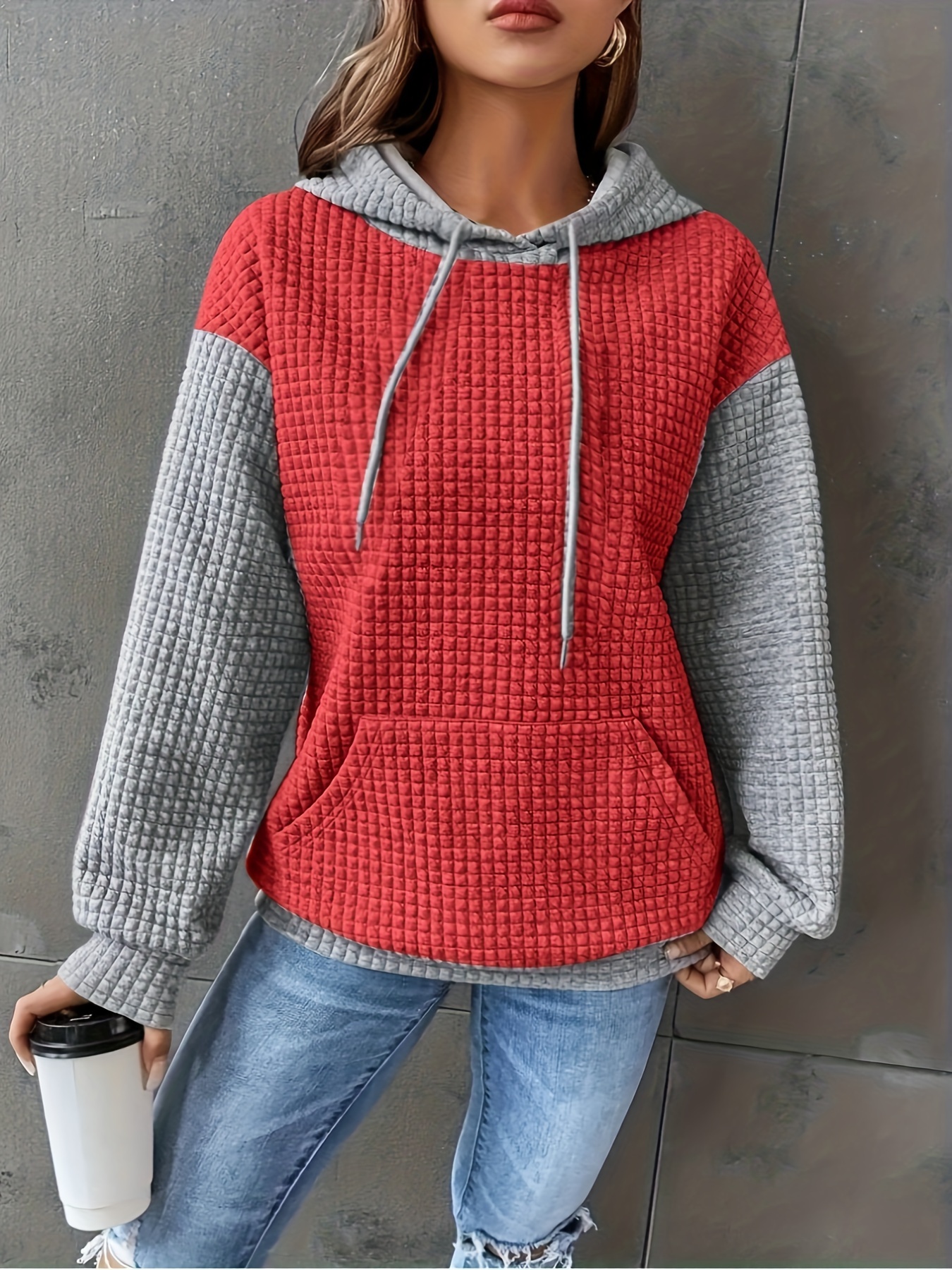 color block waffle drawstring hoodie casual long sleeve pocket sweatshirt womens clothing details 12