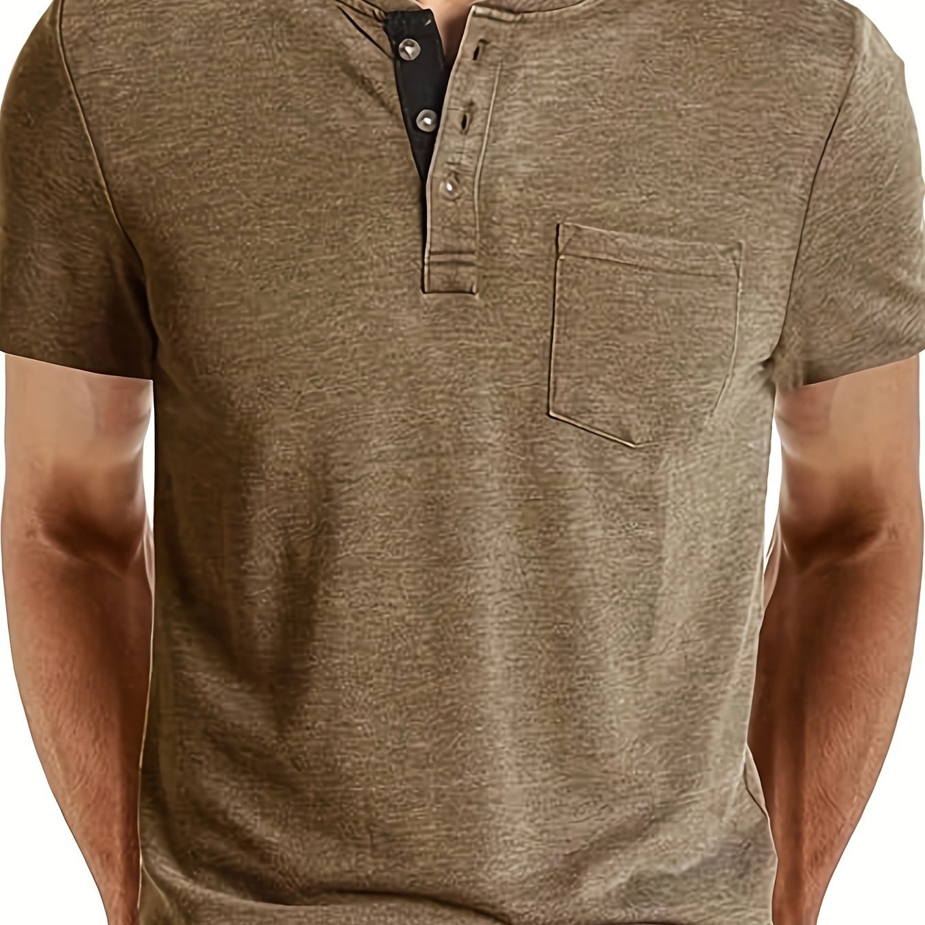 Solid Color Men's Basic Henley Tee With Chest Pocket, Casual Slim Shor