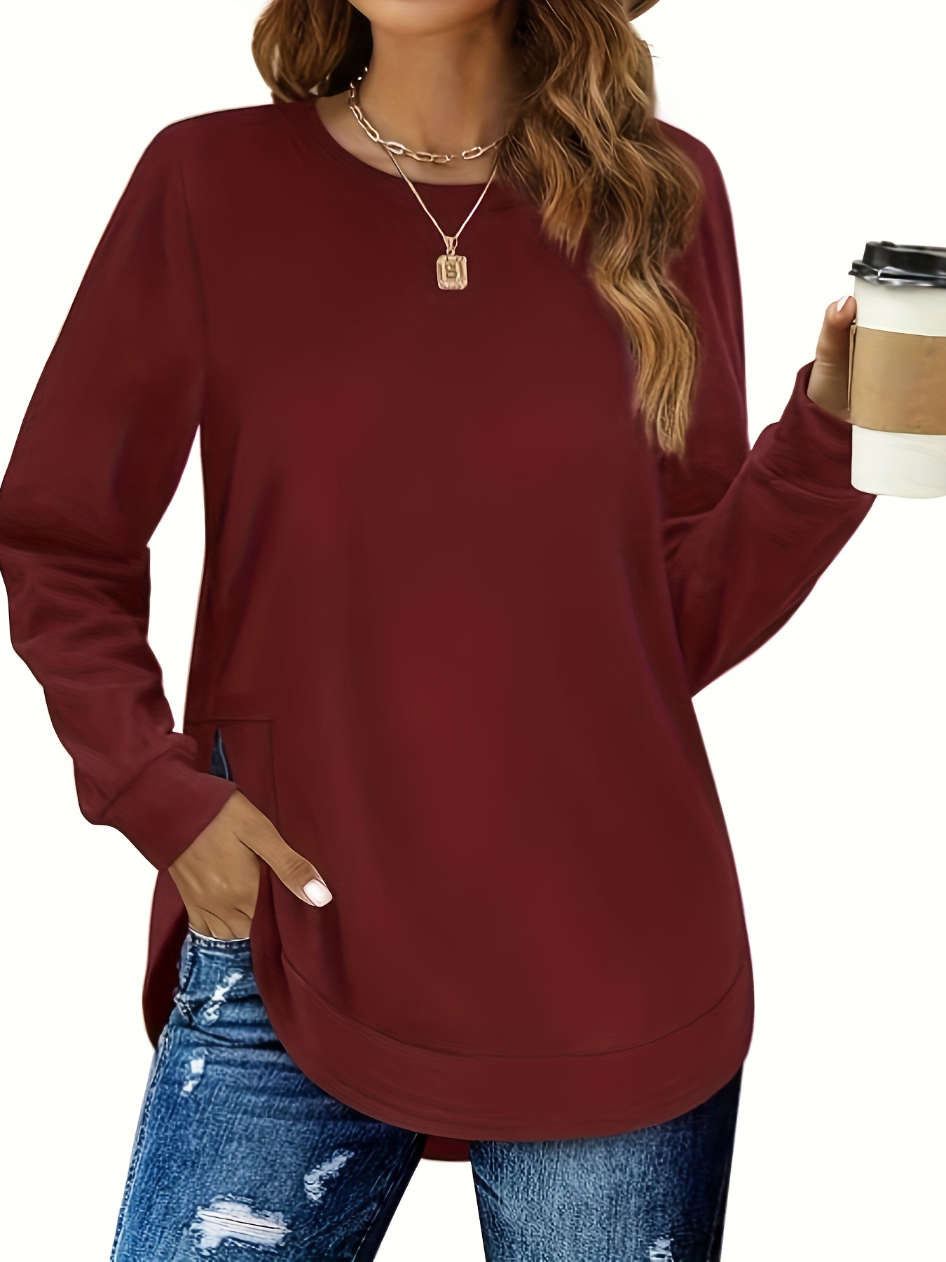 solid split hem pullover sweatshirt casual long sleeve crew neck sweatshirt for fall winter womens clothing details 3