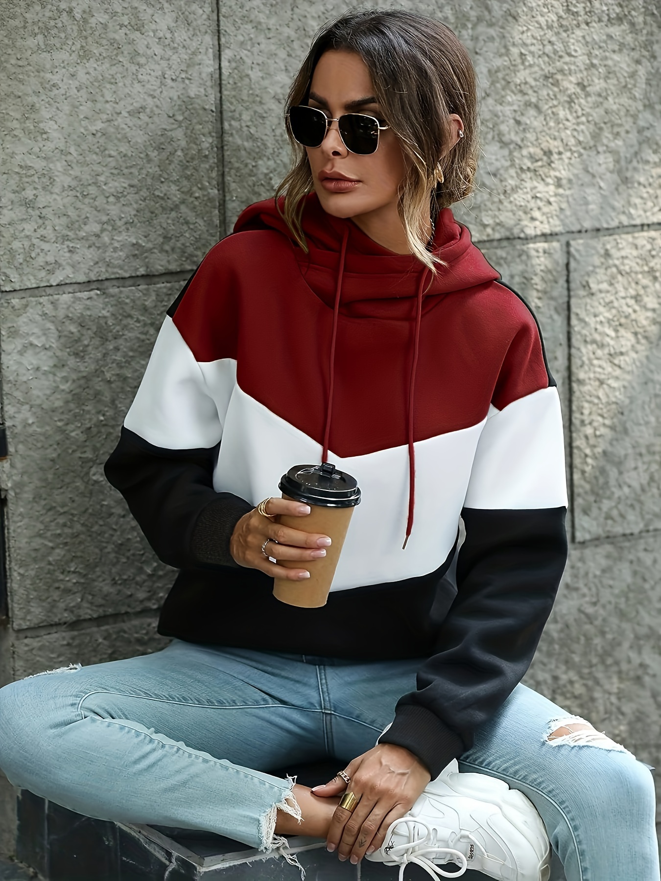 color block drawstring hoodie casual long sleeve novelty hoodies sweatshirt womens clothing details 5