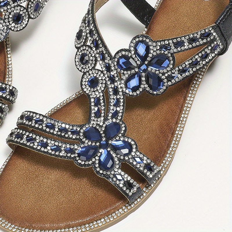floral rhinestone flat sandals, womens floral rhinestone flat sandals boho style open toe elastic strap shoes casual beach sandals details 28