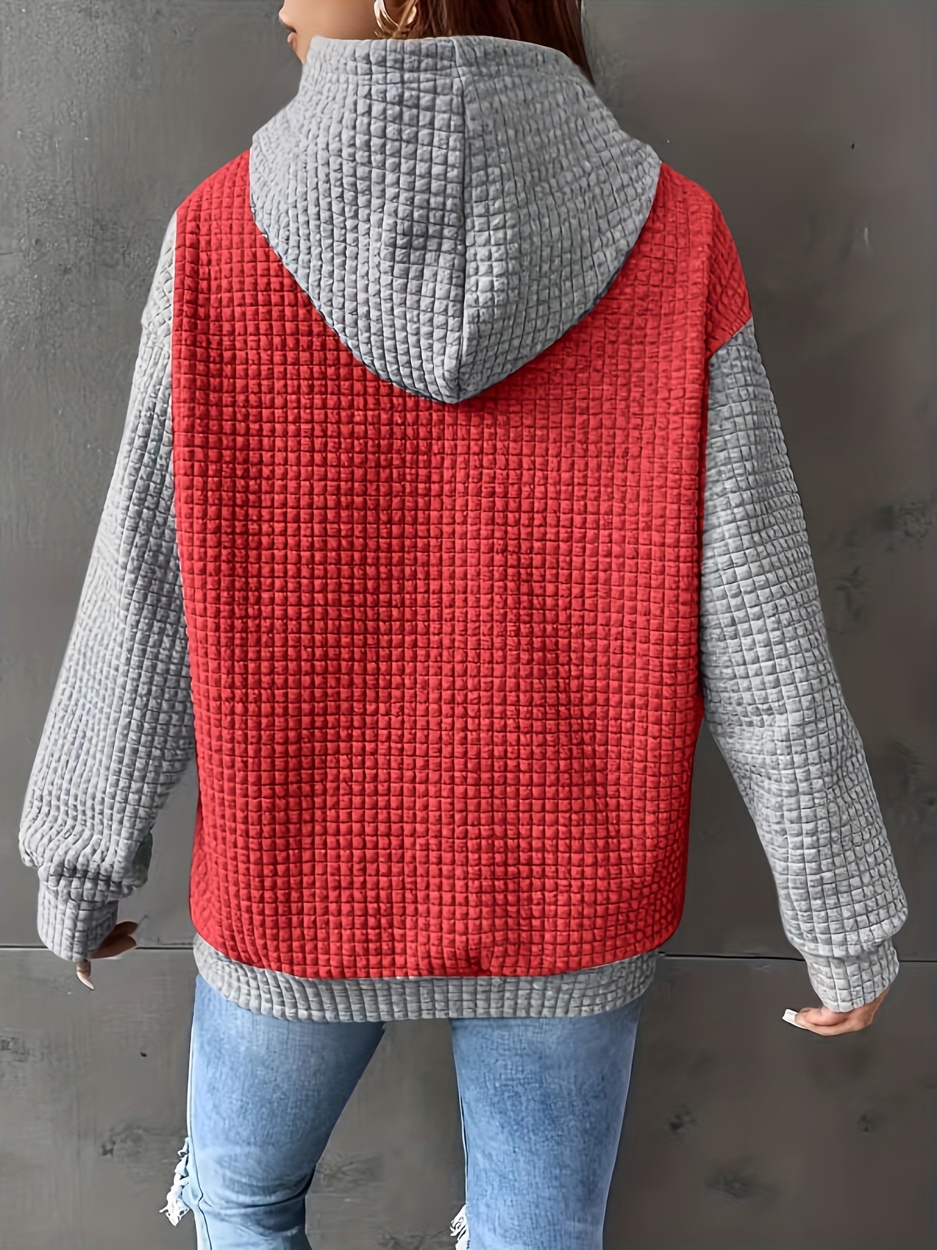 color block waffle drawstring hoodie casual long sleeve pocket sweatshirt womens clothing details 13