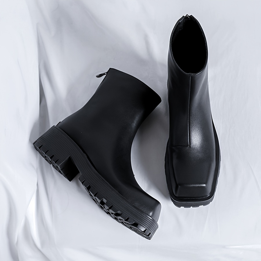 mens stylish solid squared toe boots thick sole anti skid side zippered ankle boots with pu leather uppers for outdoor street details 4