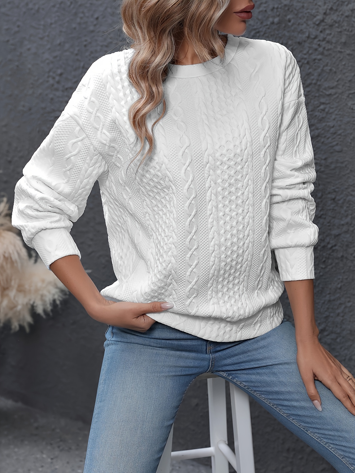 solid cable knit sweater, solid cable knit sweater casual crew neck long sleeve sweater womens clothing details 2
