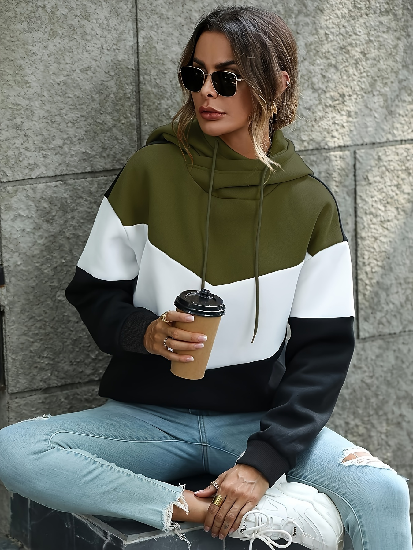 color block drawstring hoodie casual long sleeve novelty hoodies sweatshirt womens clothing details 0