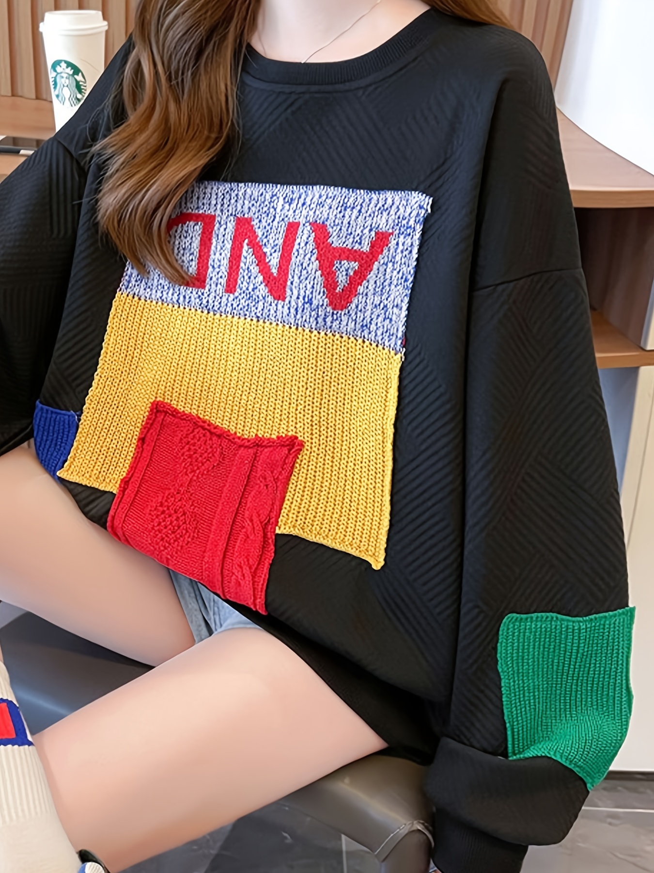 colorblock patchwork crew neck pullover casual fashion loose long sleeve sweatshirt womens clothing details 18