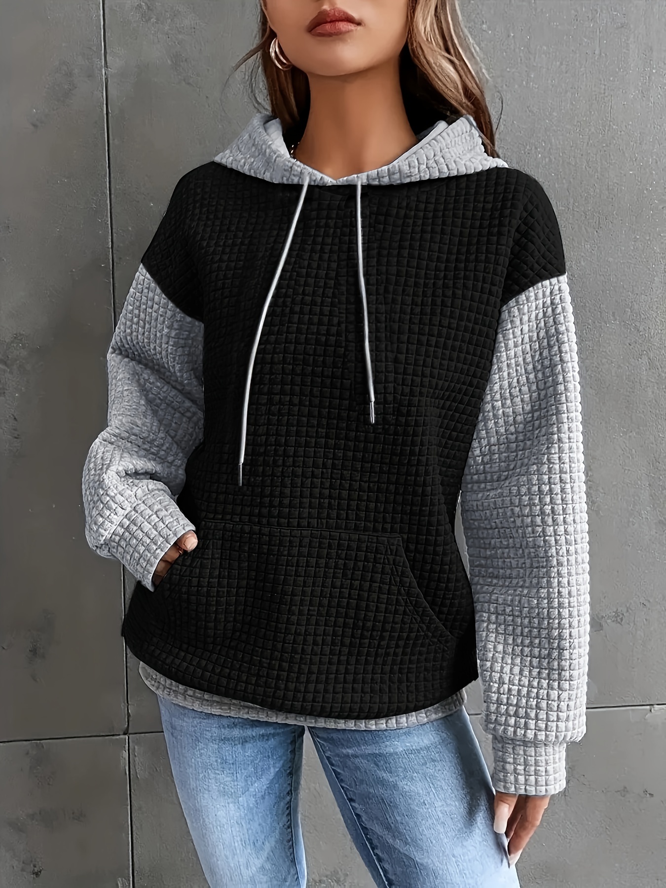 color block waffle drawstring hoodie casual long sleeve pocket sweatshirt womens clothing details 19