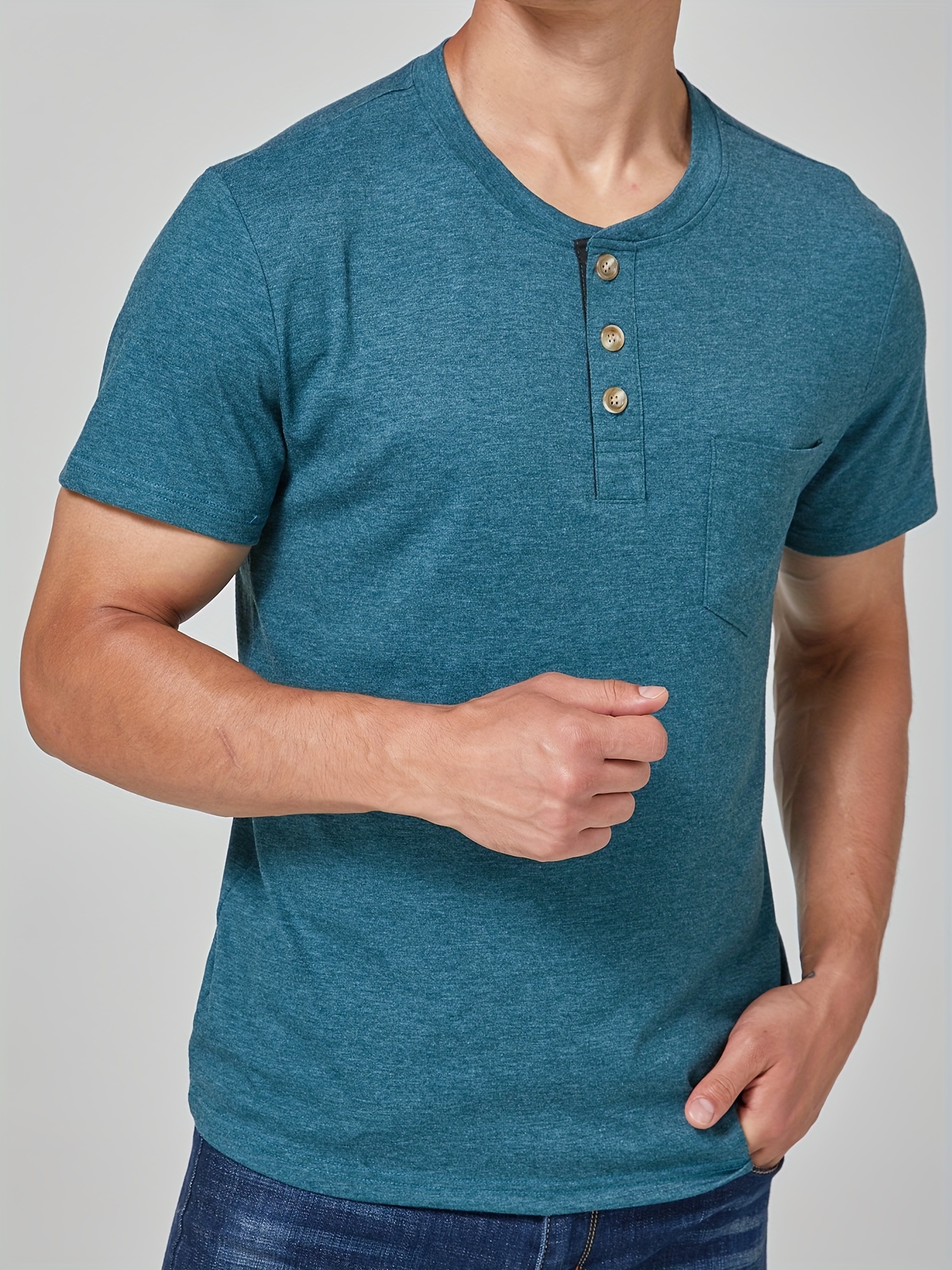 Solid Color Men's Basic Henley Tee With Chest Pocket, Casual Slim Short Sleeve Henley T-Shirt With Button