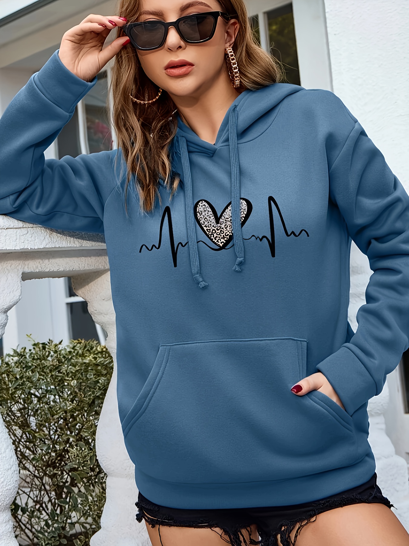 leopard heart print drawstring hoodie casual long sleeve drop shoulder hoodie womens clothing details 7