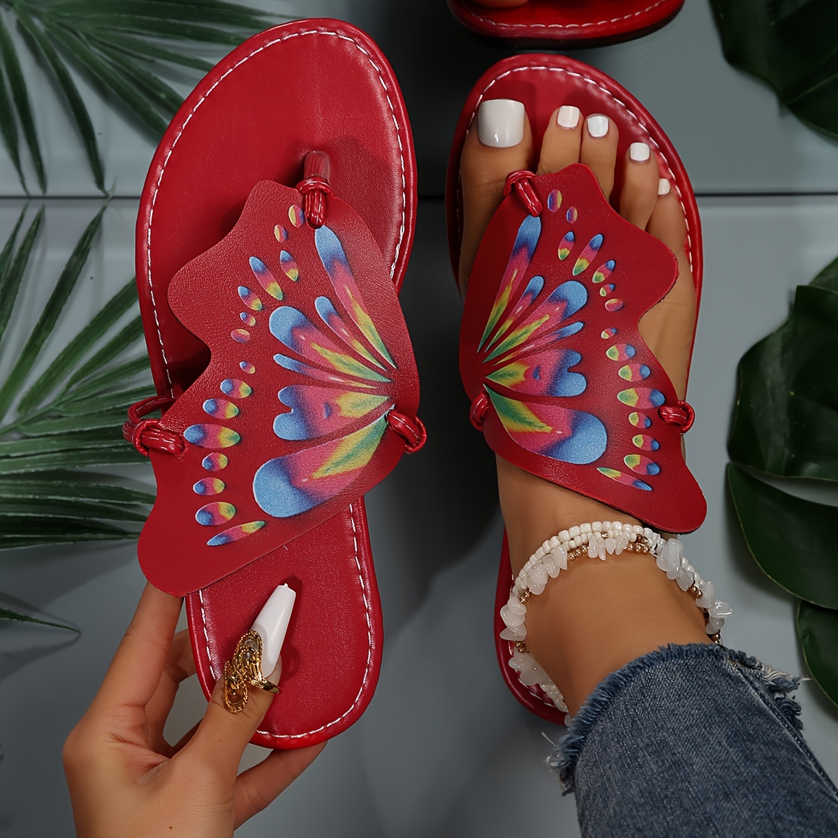 womens butterfly design thong sandals slip on soft sole lightweight flat slides summer non slip beach slides details 0