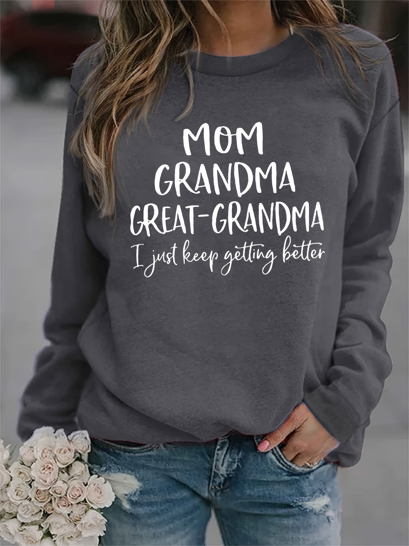 grandma print sweatshirt casual long sleeve crew neck sweatshirt for spring fall womens clothing details 0