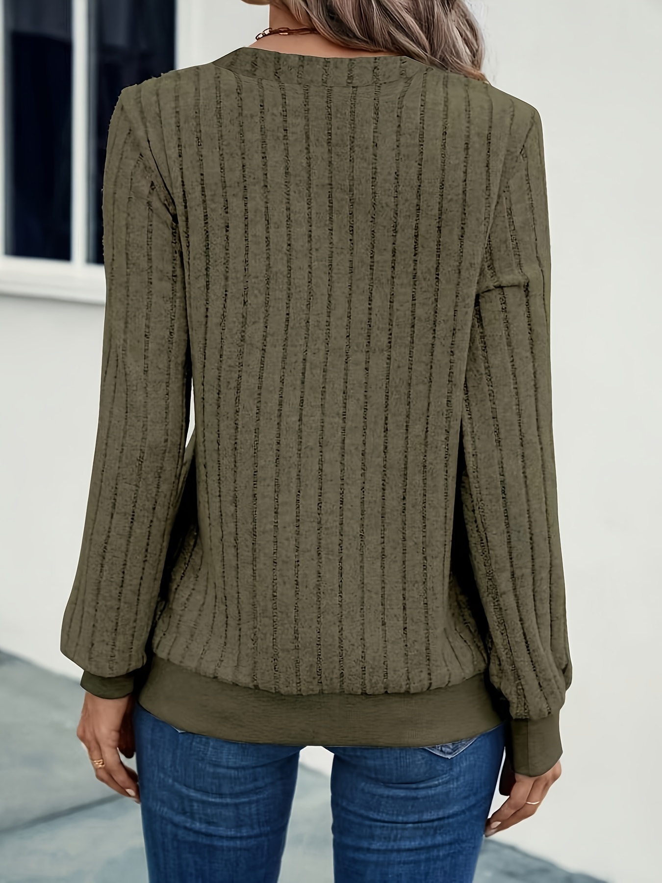 ribbed knit v neck pullover top casual long sleeve top for fall winter womens clothing details 4