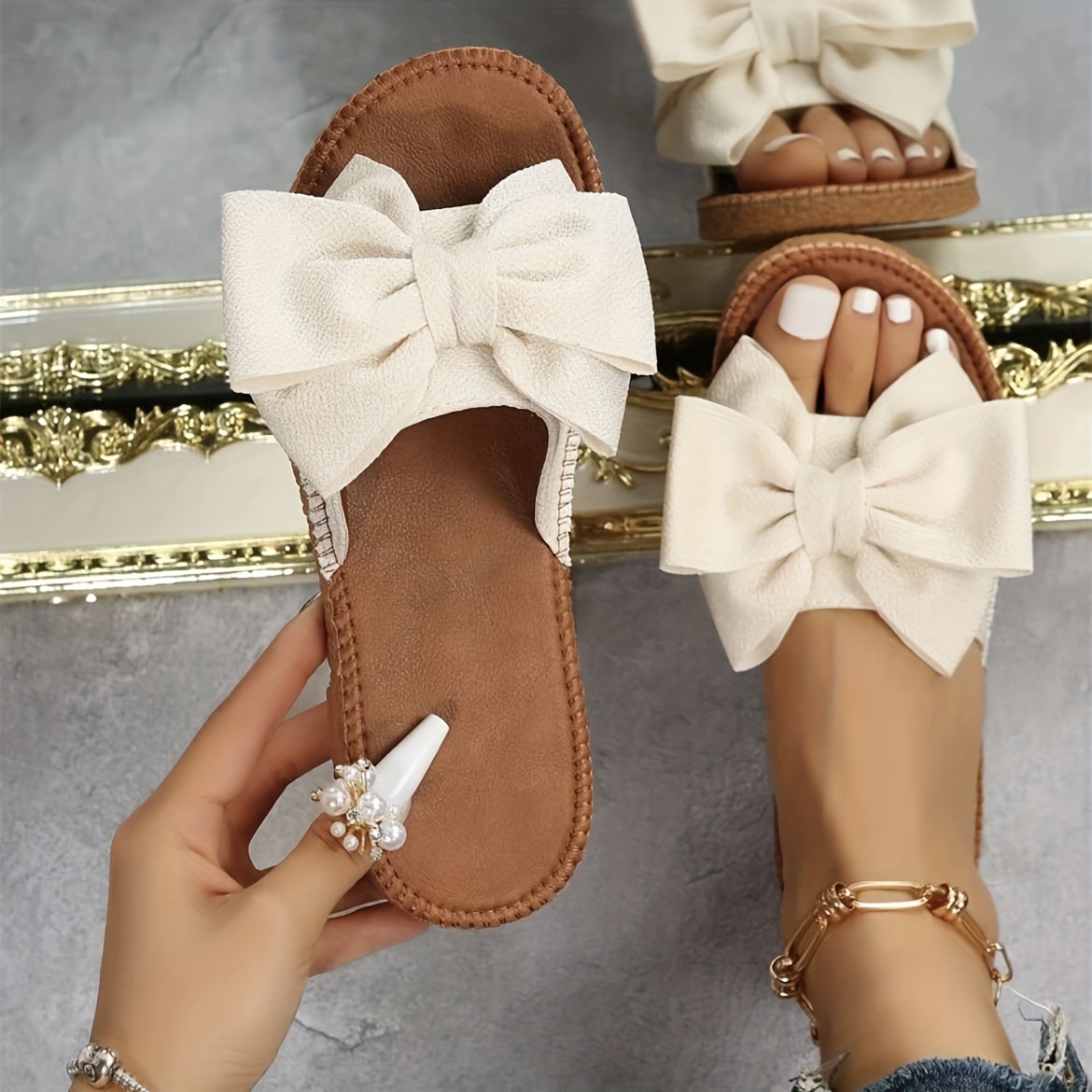 womens bow flat slide sandals fashion open round toe slip on shoes casual outdoor slides details 2