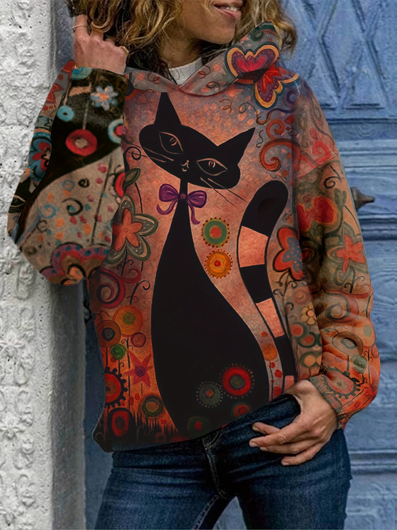 cartoon cat print hoodie casual long sleeve drop shoulder sweatshirt for spring fall womens clothing details 0