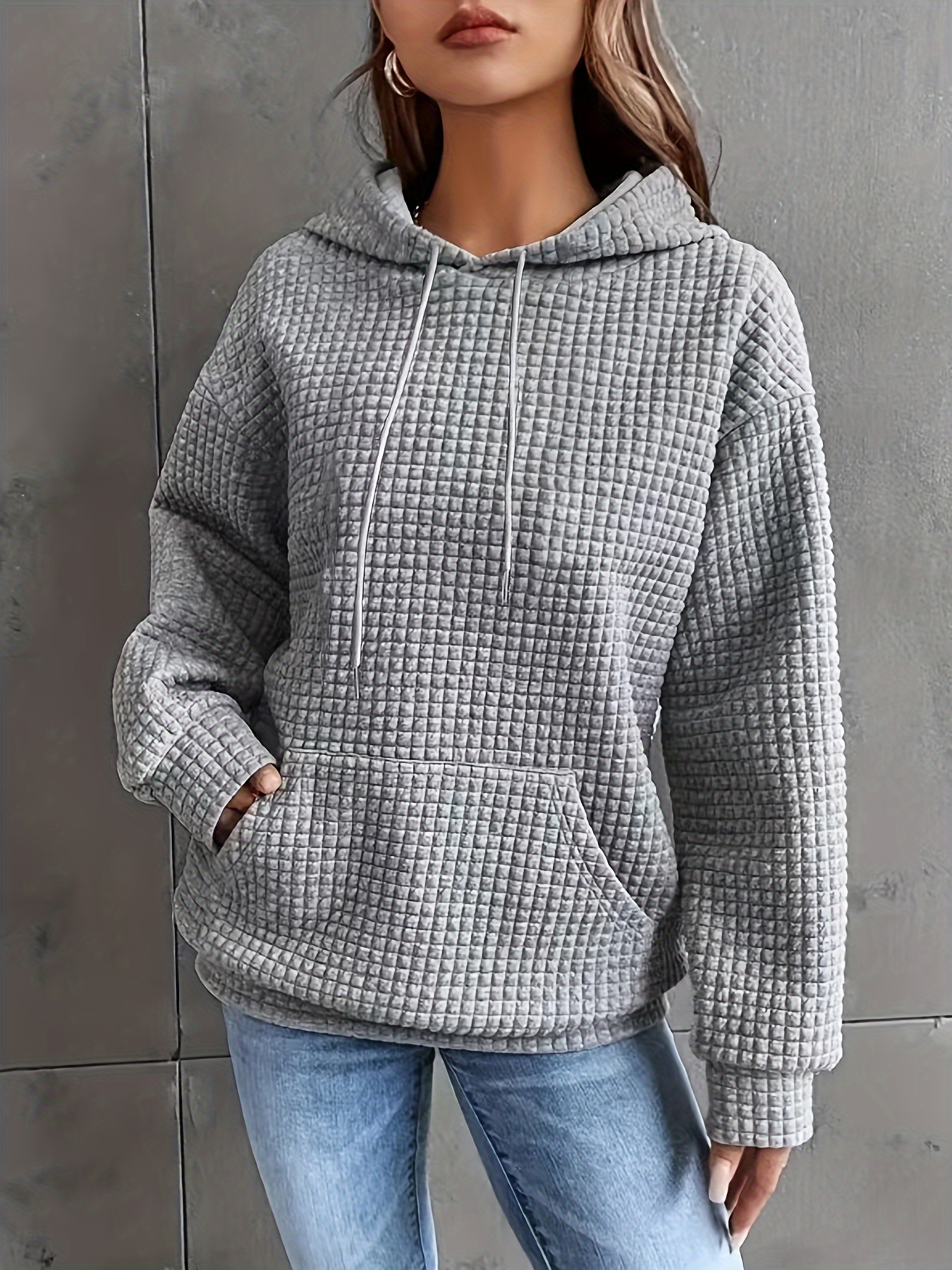 color block waffle drawstring hoodie casual long sleeve pocket sweatshirt womens clothing details 23