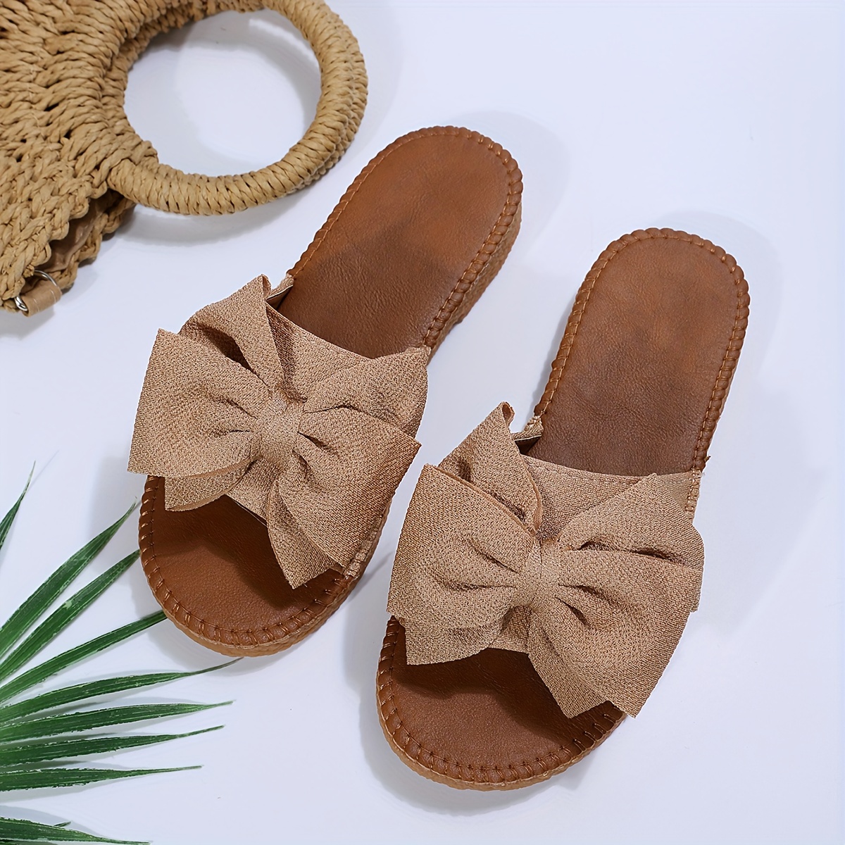 womens solid color sandals bowknot decor flat non slip slides shoes summer vacation beach shoes details 2