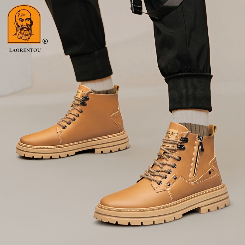 mens trendy outdoor work boots breathable anti skid high top lace up boots with side zipper autumn and winter details 6
