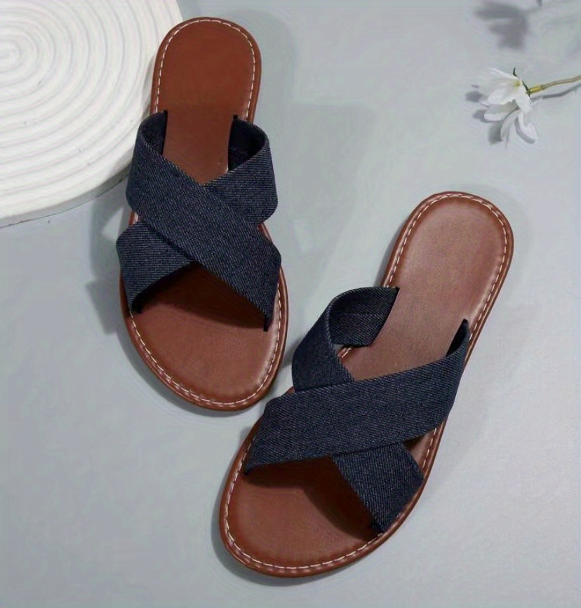 womens cross strap flat slippers solid color open toe non slip slides casual outdoor beach slippers details 11