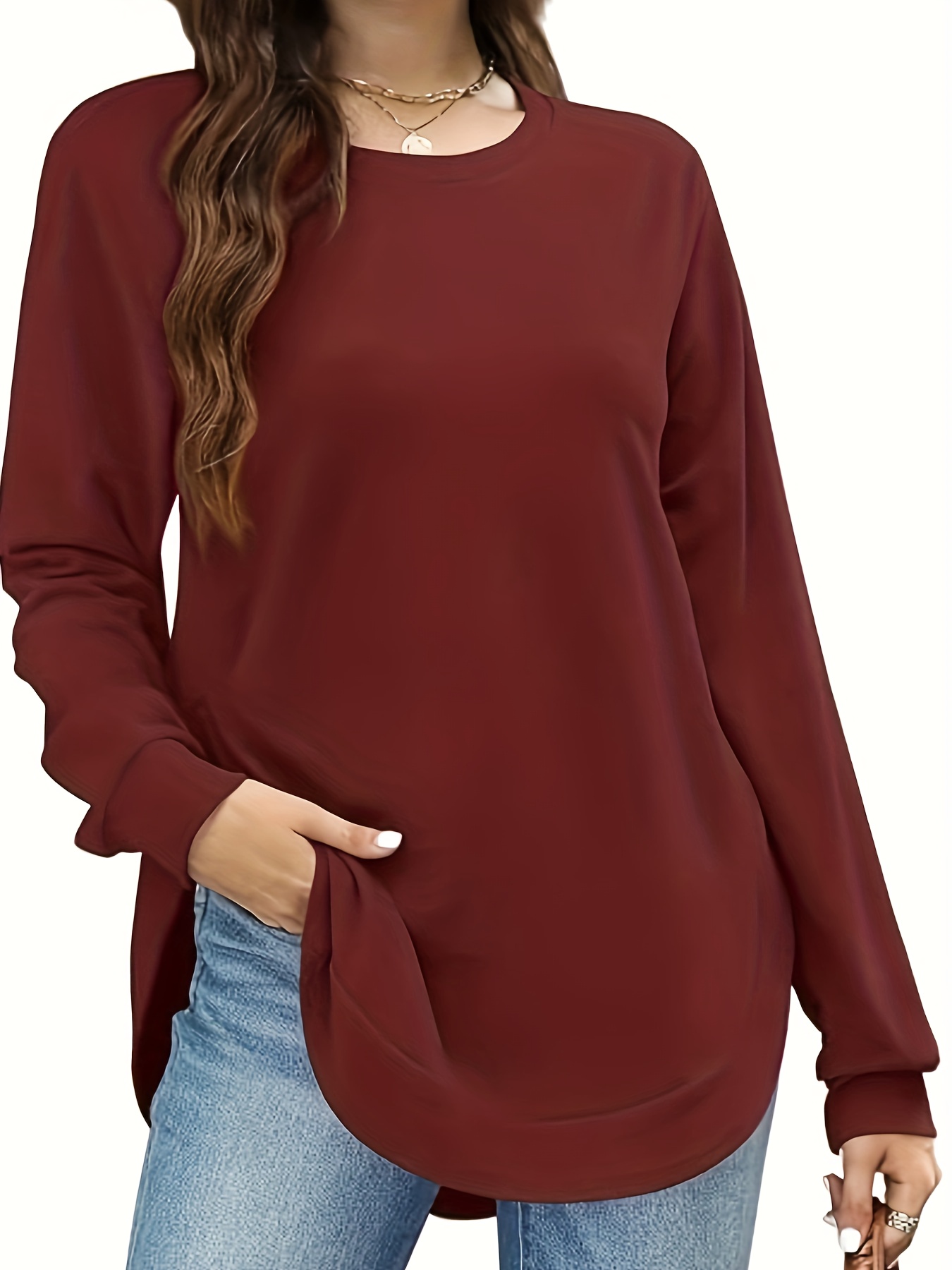 solid split hem pullover sweatshirt casual long sleeve crew neck sweatshirt for fall winter womens clothing details 5