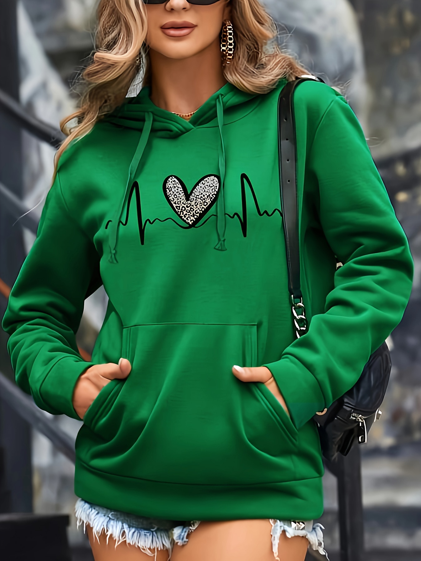 leopard heart print drawstring hoodie casual long sleeve drop shoulder hoodie womens clothing details 0