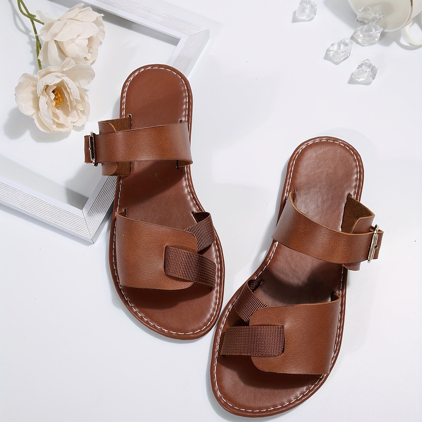 womens flat slide sandals open round toe buckle strap shoes casual summer beach slides details 3