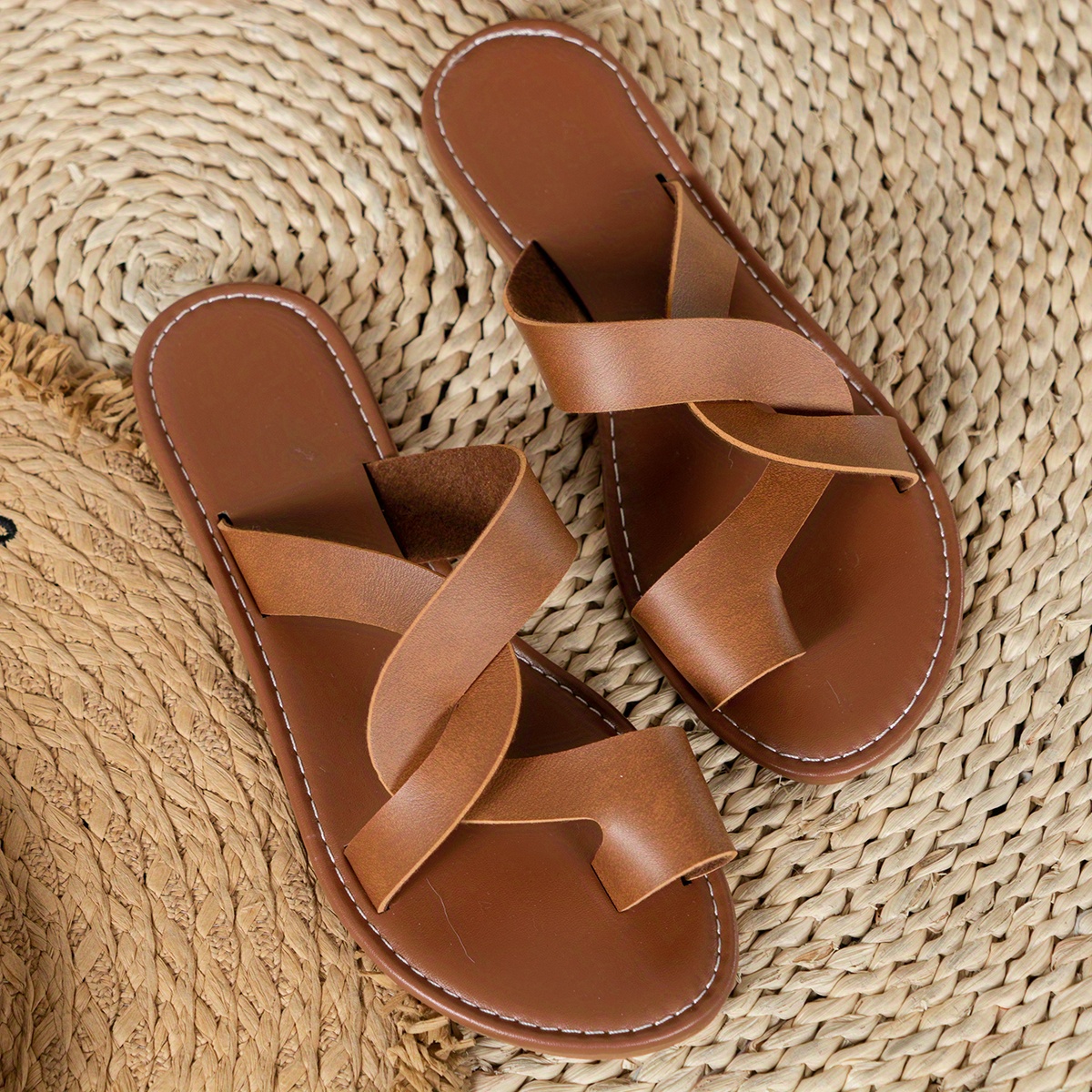 womens toe loop slide sandals casual cross strap flat shoes faux leather slide sandals details 11