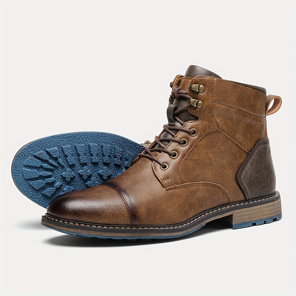 mens vintage cap toe lace up boots with side zipper casual pu leather walking shoes details 2