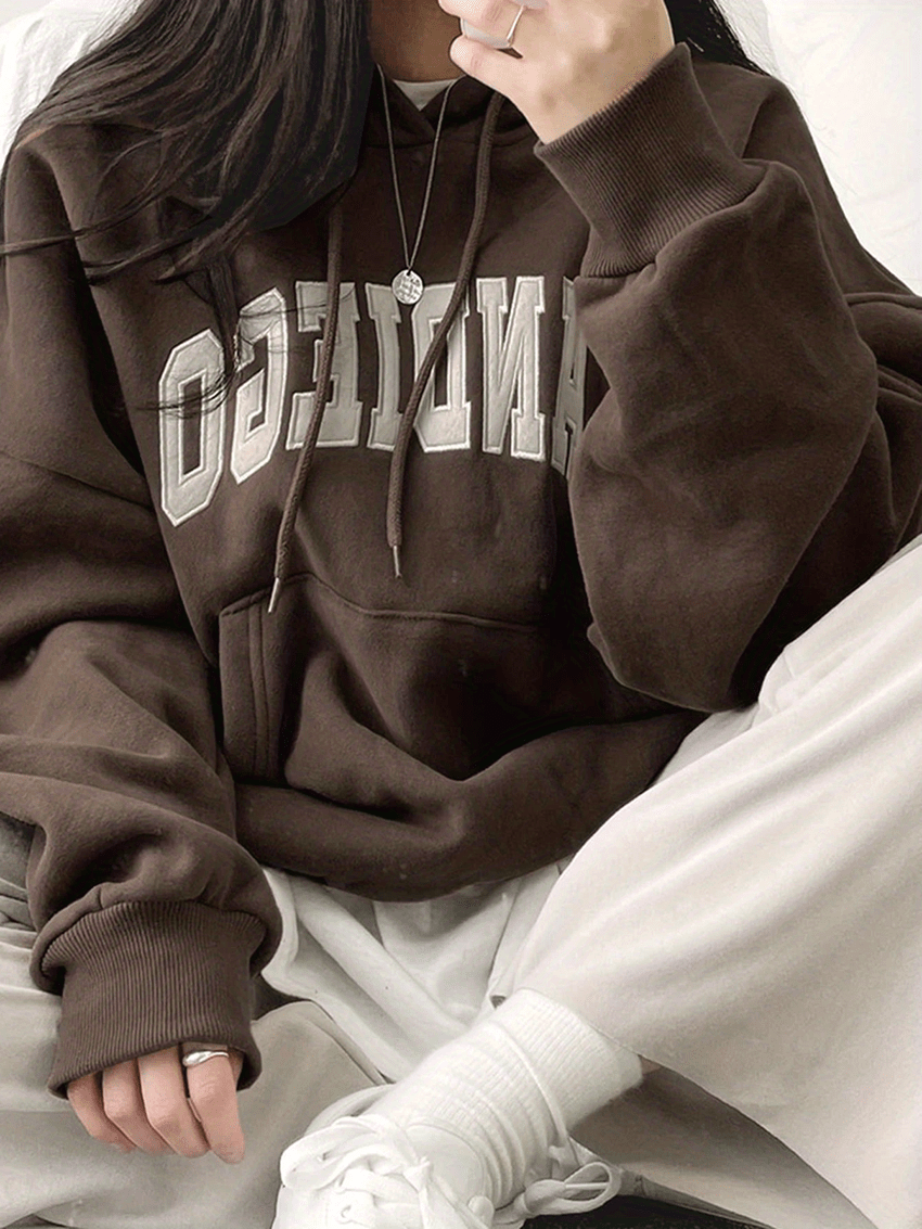 letter print drawstring hoodie casual long sleeve kangaroo pocket hoodie sweatshirt womens clothing details 2