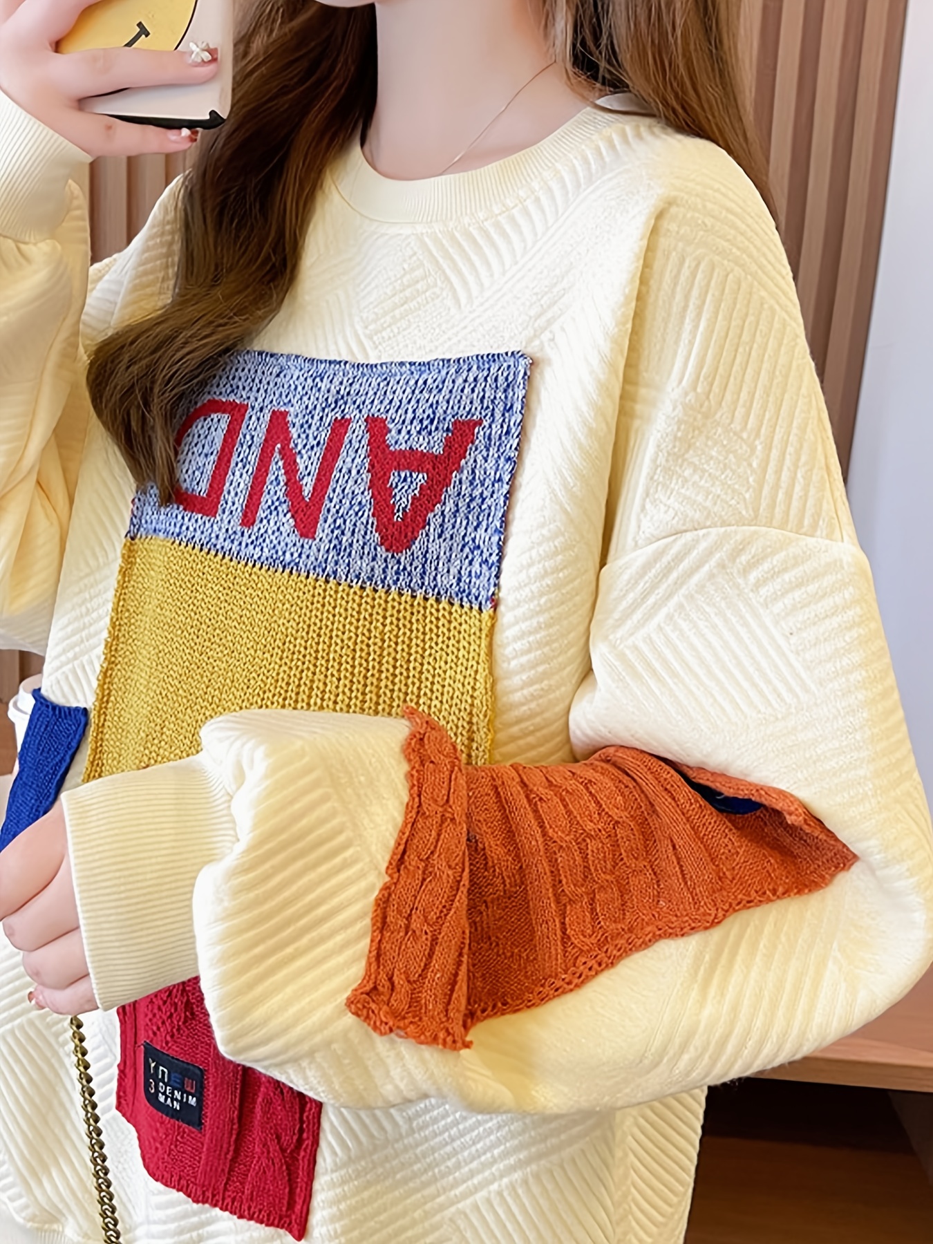 colorblock patchwork crew neck pullover casual fashion loose long sleeve sweatshirt womens clothing details 8