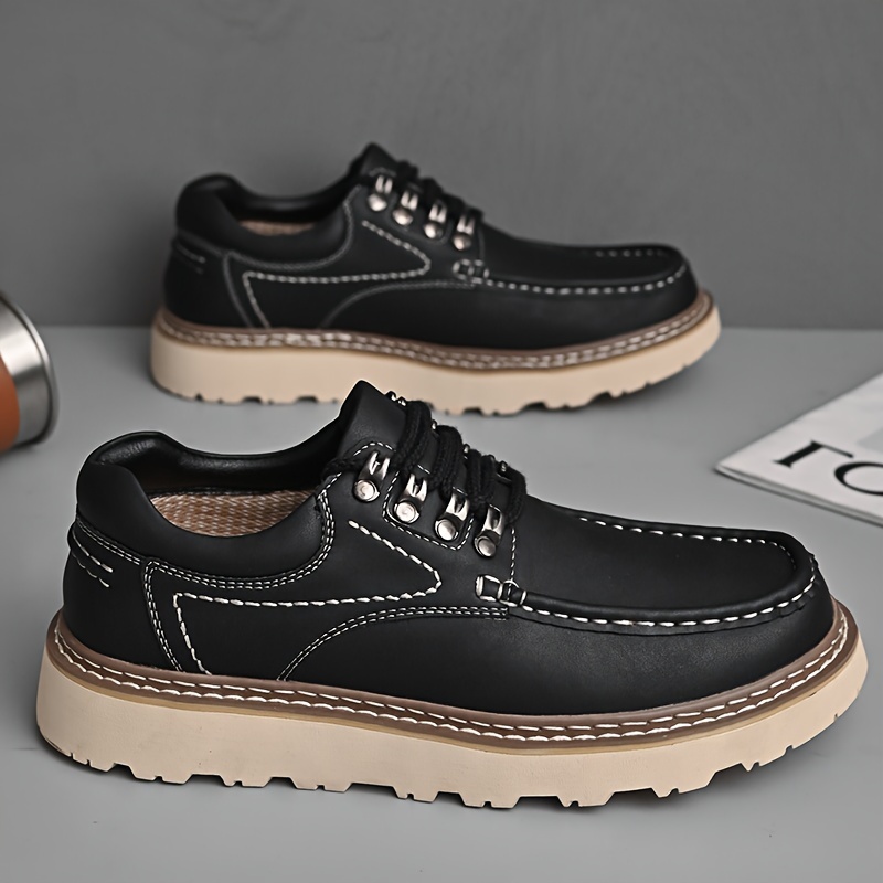 mens retro style split leather low top casual shoes wear resistant non slip lace up shoes for outdoor details 0