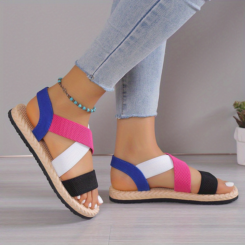 womens cross strap flat sandals casual elastic band beach shoes lightweight colorblock sandals details 0