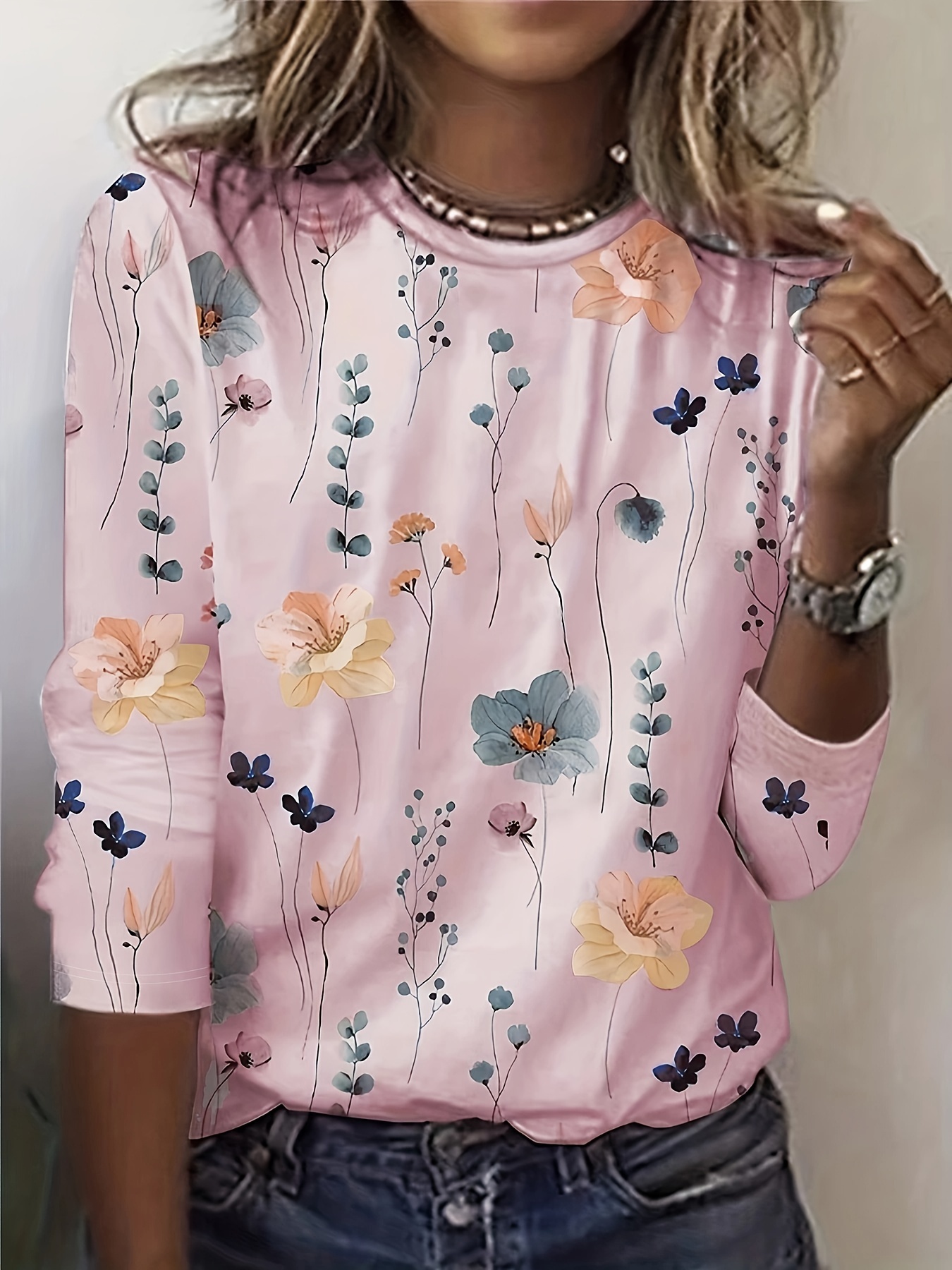 floral print sweatshirt casual long sleeve crew neck sweatshirt for spring fall womens clothing details 25
