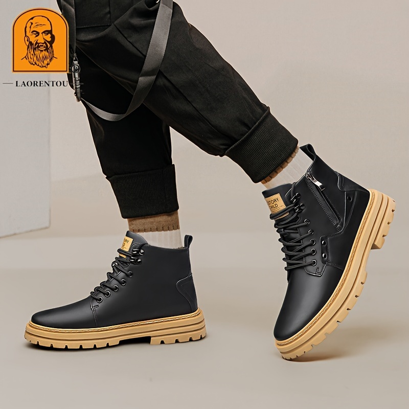 mens trendy outdoor work boots breathable anti skid high top lace up boots with side zipper autumn and winter details 9