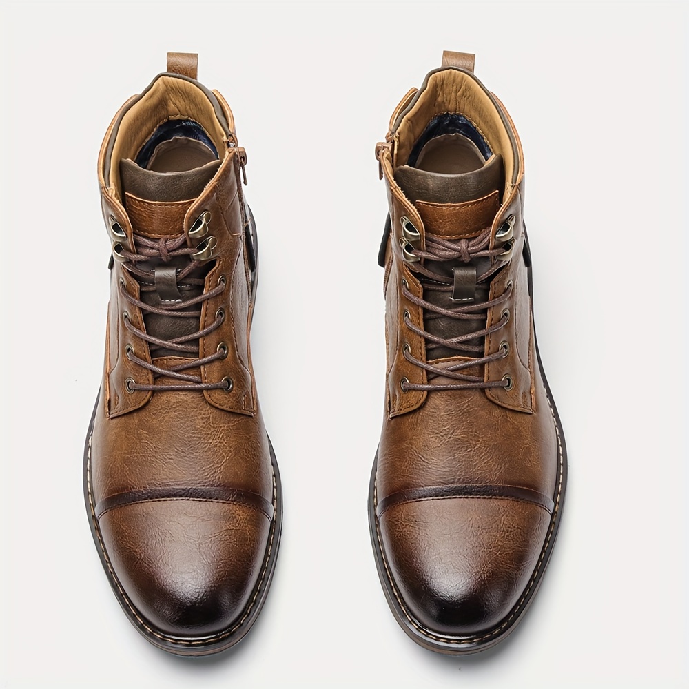 mens vintage cap toe lace up boots with side zipper casual pu leather walking shoes details 7