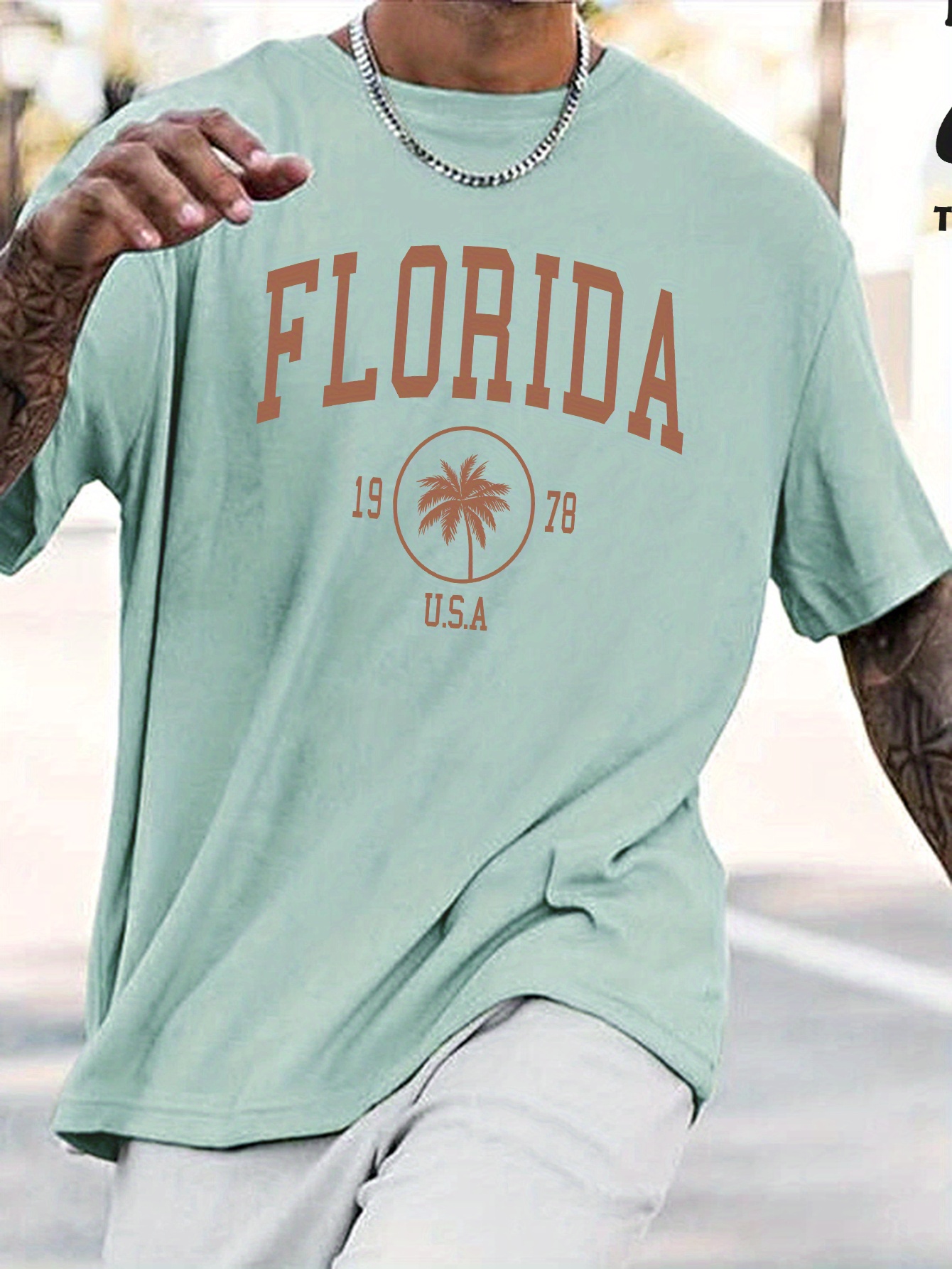 florida letter print mens t shirt for summer beach vacation mens trendy graphic crew neck tops details 3