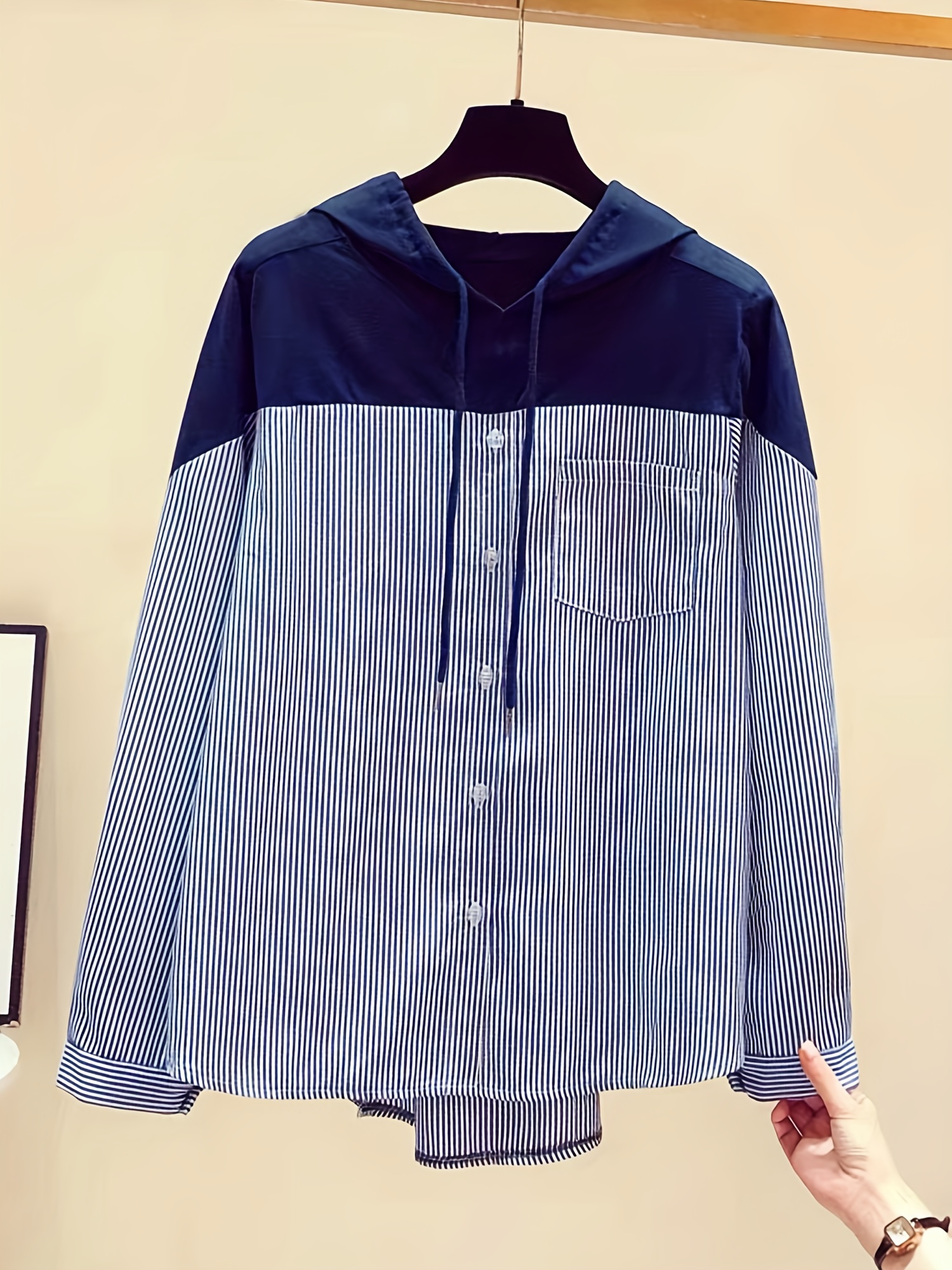 patchwork striped print button hoodie casual cuff sleeve drawstring hoodies sweatshirt womens clothing details 9